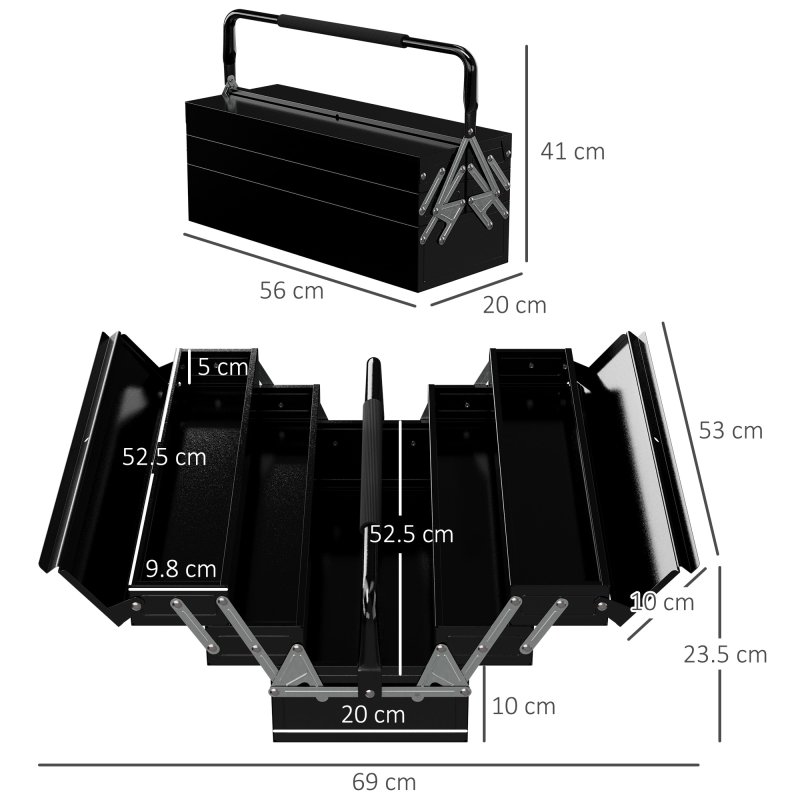DURHAND Metal Tool Box 3 Tier 5 Tray Professional Portable Storage Cabinet Workshop Cantilever Toolbox with Carry Handle, 56cmx20cmx34cm, Black