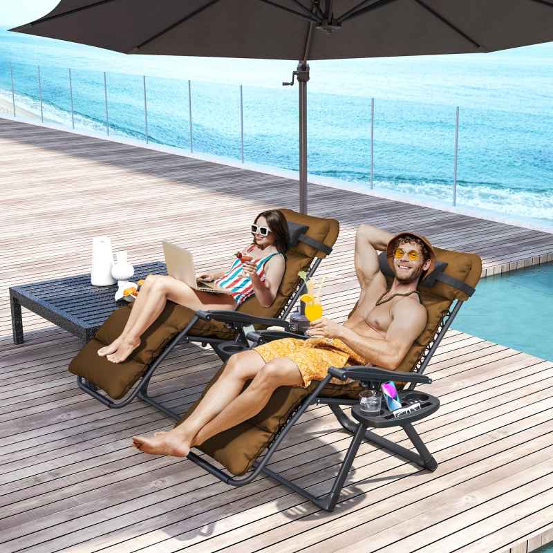 Outsunny Zero Gravity Chairs Set of 2, Folding Reclining Garden Chair, Outdoor Sun Lounger with Cushion, Garden Recliner Chairs with Headrest and Cup Phone Holder Tray for Beach, Brown