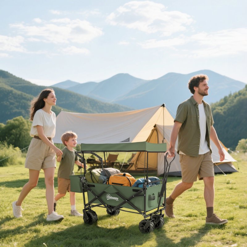 Outsunny 120L Festival Trolley on Wheels, Folding Camping Trolley Cart with Removable Canopy, All-Terrain Wheels, Adjustable Handle and Side Pockets for Garden Beach Fishing Shopping, Green