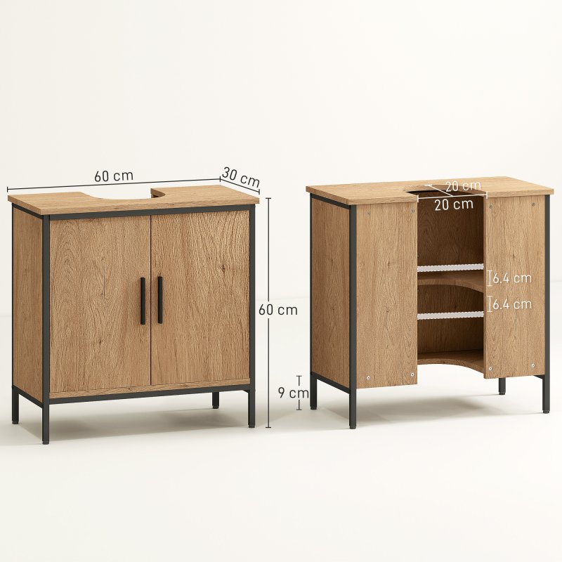 HOMCOM Under Sink Bathroom Cabinet, Industrial Freestanding Under Sink Cabinet with 2 Doors, Adjustable Shelf and Steel Frame for Basin without or with Pedestal, Oak