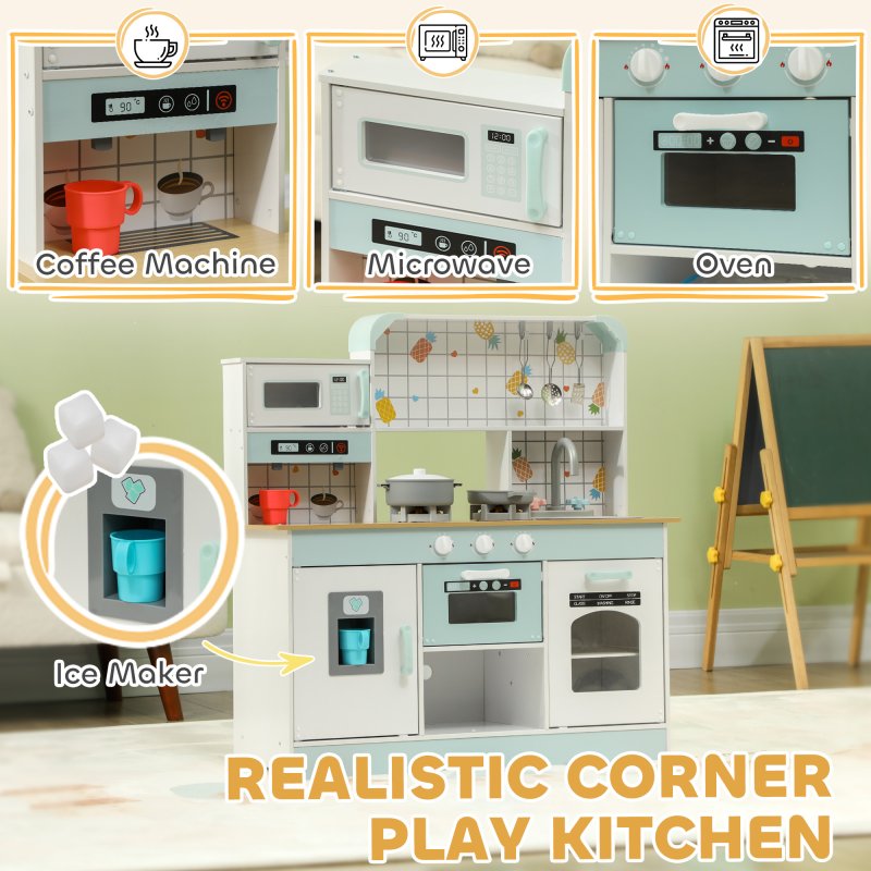 AIYAPLAY Toy Kitchen, Pretend Role Play Kitchen with Hob, Sound, Light, Coffee Machine, Ice Maker, Microwave, Oven, Storage Space, for Boys and Girls, Ages 3_ Years