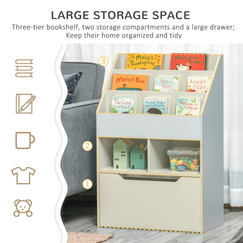 HOMCOM Kids Bookshelf with Storage Drawer, Children's Bookcase with Wheels, Toy Organiser for Bedroom, Playroom - Grey