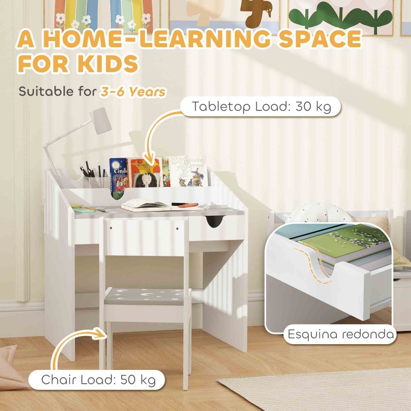 AIYAPLAY Kids Desk and Chair Set, Children Study Table and Chair with Storage, Pull-Out Drawer, Star and Moon Pattern, for Bedroom, Playroom, Nursery, for Ages 3-6 Years, Grey