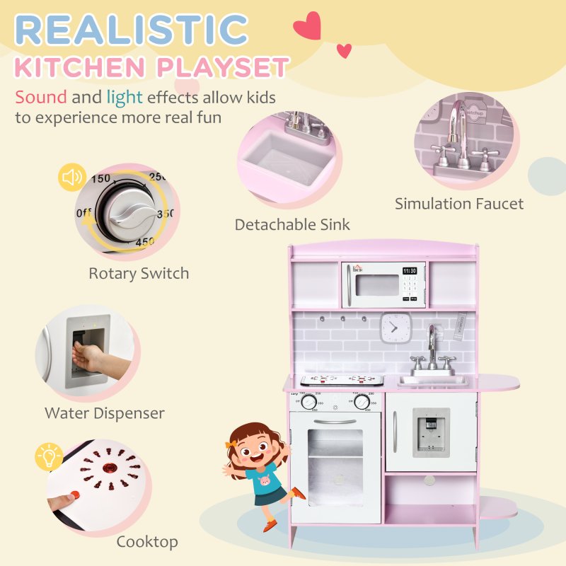 HOMCOM Children Wooden Play Kitchen w/ Lights Sounds, Kids Kitchen Playset w/ Water dispenser, Microwave, Utensils, Sink, Storage, for Ages 3-6 Years - Pink