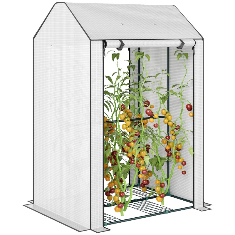 Outsunny Mini Greenhouse with 4 Wire Shelves, Portable Tomato Greenhouse, Upgraded Garden Grow House for Plants with Roll Up Door and Vents, 100 x 80 x 150cm, White