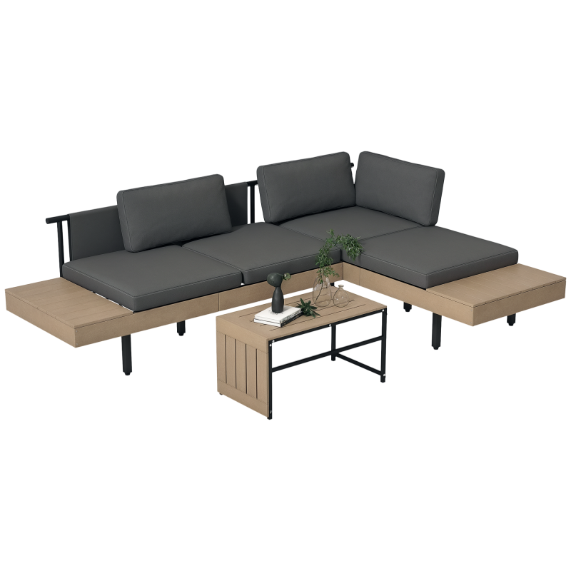 Outsunny 3 Pieces Garden Furniture Set, L Shaped 4 Seater Corner Sofa Set with Table and Cushions, HDPE, Outdoor Patio Sofa Set for Patio, Grey