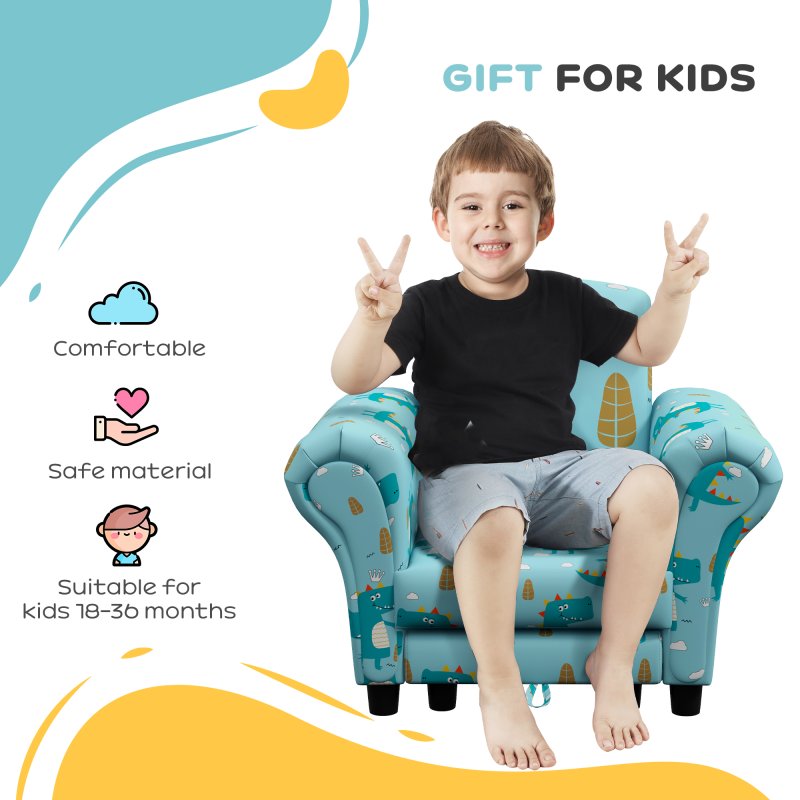 AIYAPLAY Kids Armchair with Stool, 2 Piece Kids Sofa Set with Dinosaur Design, Wooden Frame, Upholstered Kids Chair for Bedroom, Playroom, Kid Room, for 1.5-3 Years Old, Blue