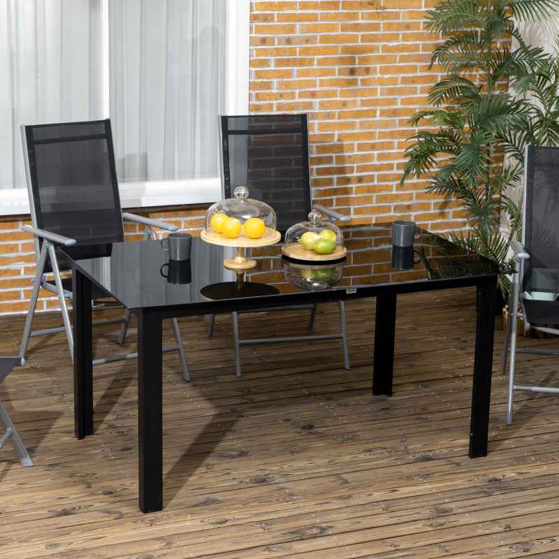 Outsunny Outdoor Dining Table for 6, Aluminium Rectangular Garden Table with Tempered Glass Tabletop for Yard, Deck, Patio, 150 x 90 x 74 cm, Black