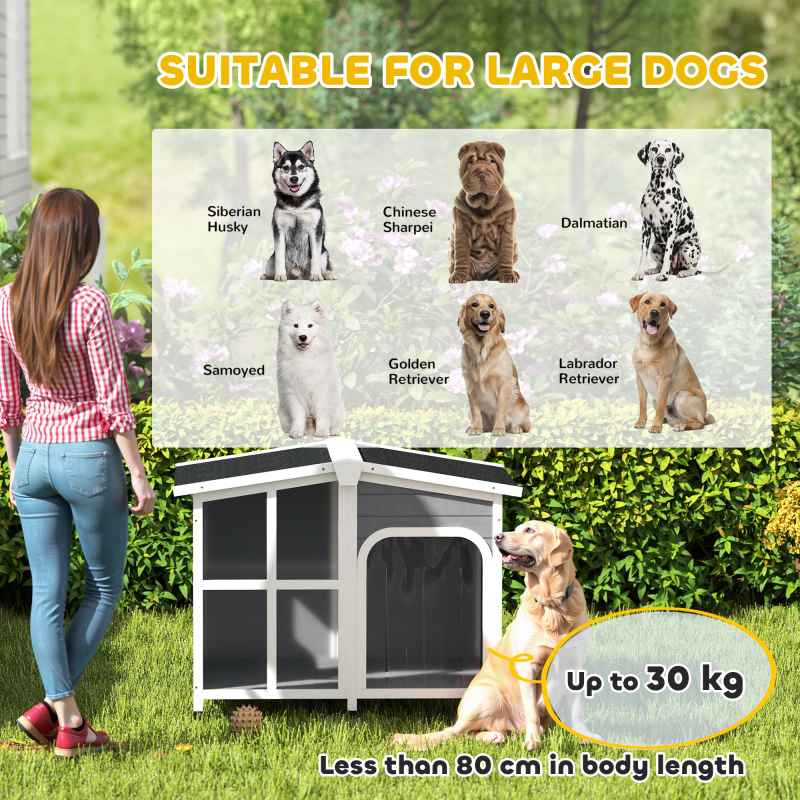 PawHut Wooden Dog Kennel, Elevated Dog House with Removable Floor, Asphalt and Openable Roof, Giant Window, Outdoor Pet House Shelter for Large Dogs, Charcoal Grey