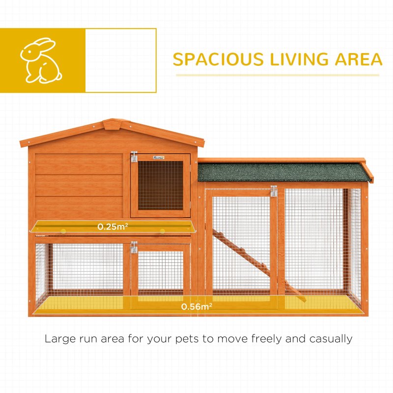 PawHut Rabbit Hutch Outdoor, 2 Tier Guinea Pig Hutch with Run, Ramp, Slide-out Tray, Asphalt Roof, 150 x 45 x 85cm