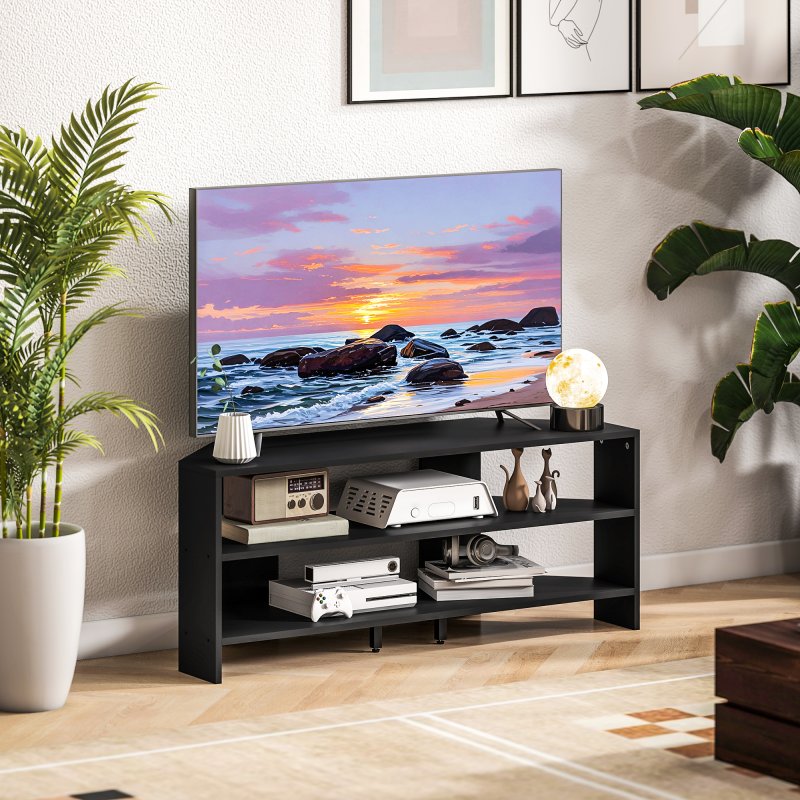 HOMCOM Corner TV Stand for 47 Inch Television, Modern TV Unit with 2 Open Shelves for Living Room, Bedroom, Black