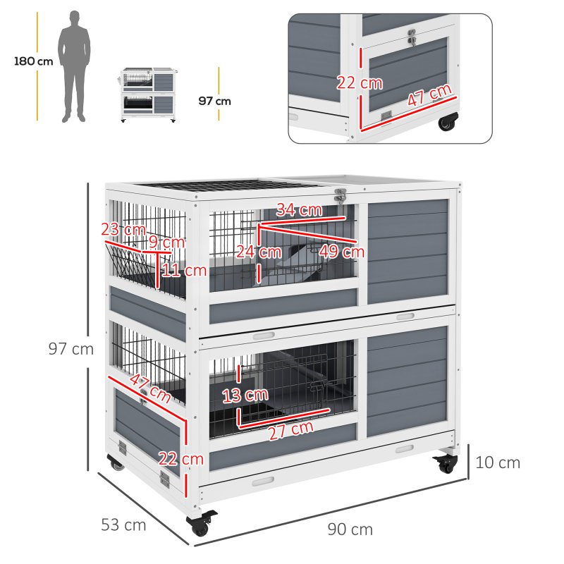 PawHut Rabbit Hutch Guinea Pig Hutch Indoor Wooden Small Animal House with Wheels, Openable Top, No-Leak Plastic Trays - Grey