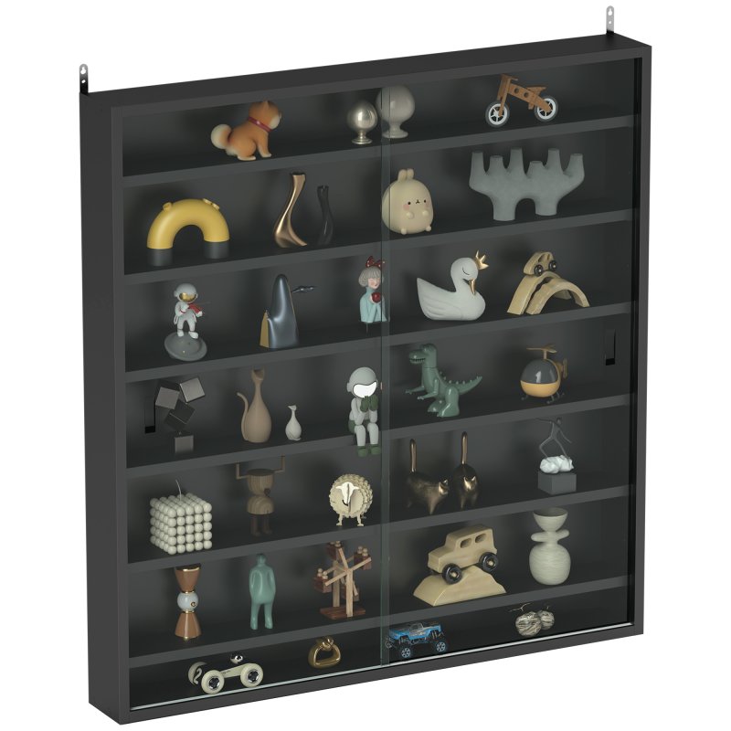 HOMCOM 7-Tier Wall Mounted Display Cabinet, Display Case with 6 Adjustable Shelves, Glass Doors for Home Office Ornaments 83x80cm, Black