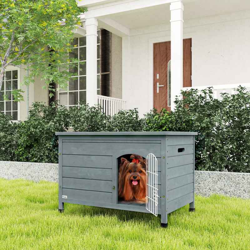 PawHut Wooden Dog House with Removable Bottom, Outdoor Dog Kennel with Wire Door, Openable Top, Pet Shelter for Small Dogs, 80 x 55 x 53.5cm, Dark Grey