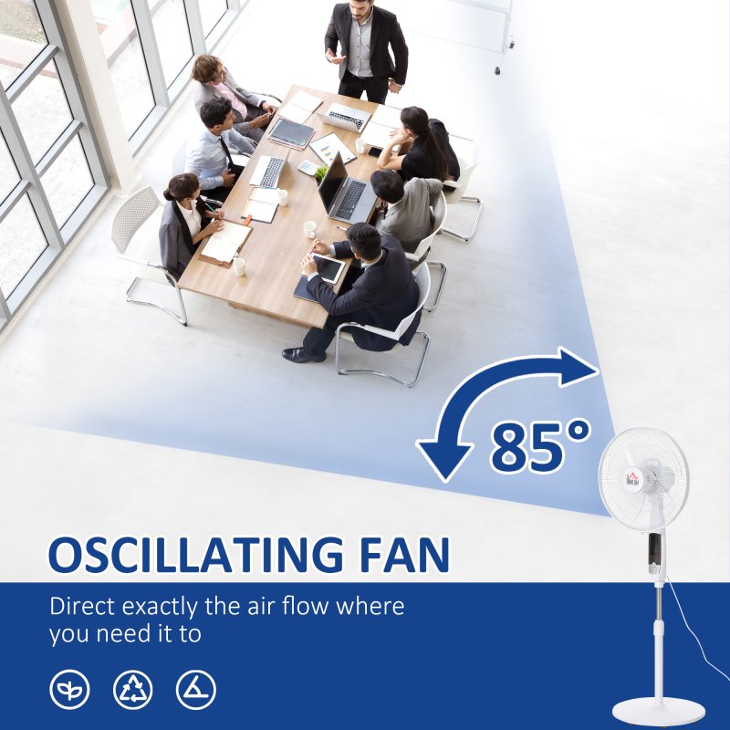 HOMCOM 16'' Pedestal Stand Fan, 3 Speed 3 Mode, 85 Degree Oscillation, LED Panel, 3M Remote Controller, Height Adjustable for Living Room, Bedroom, Garage, Office, Black and White