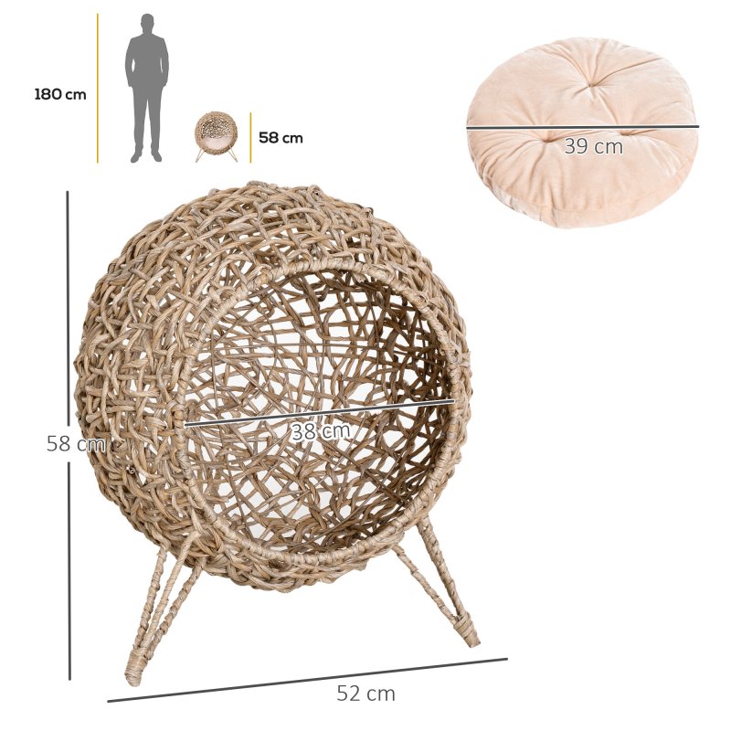 PawHut Wicker Cat House, Rattan Elevated Cat Bed with Three Tripod Legs, Ball-Shaped Cat Basket with Cushion - Natural Wood Finish