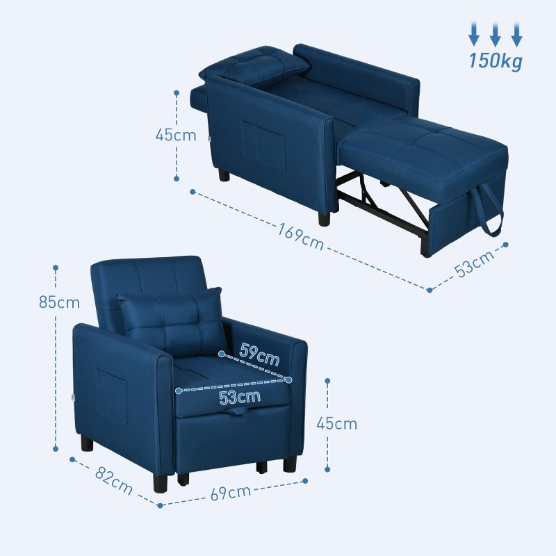 HOMCOM Compact Single Chair Bed, Pull Out Bed, Convertible Sleeper Chair with Adjustable Backrest, Pillow, Side Pockets for Home Office, Bedroom, Living Room