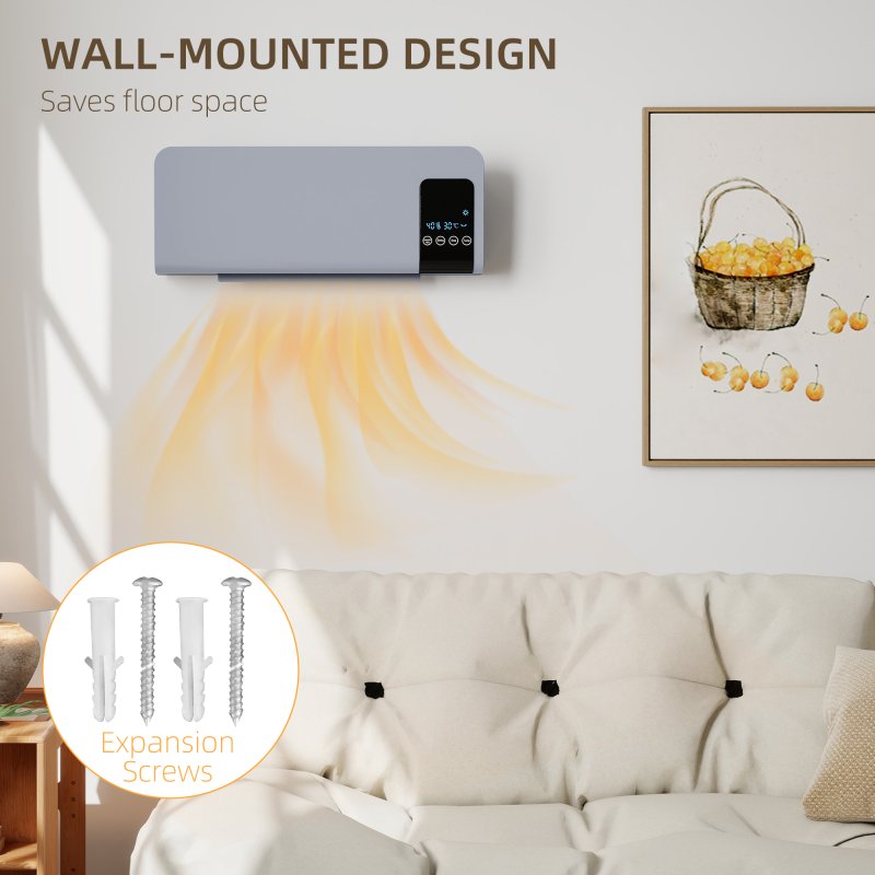HOMCOM Electric Heater, 2000W Wall Mounted Ceramic Space Heater with Remote Control, 2 Modes, Timer, Oscillation, Overheat Protection for Home, Grey