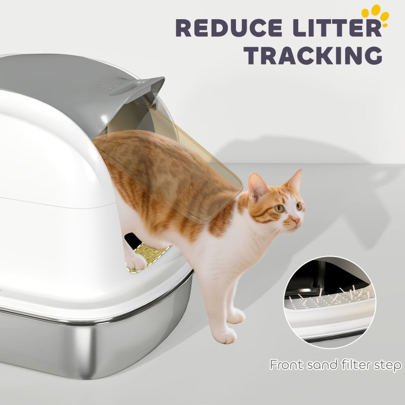 PawHut Stainless Steel Cat Litter Tray with Lid, High-Sided XL Enclosed Metal Litter Box for Big Cats with Scoop, Flip-Cover, Easy Clean