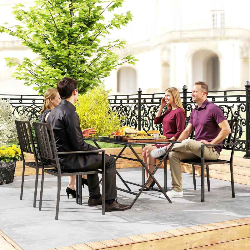 Outsunny Set of 4 Garden Chairs, Stackable Outdoor Chairs with Metal Slatted Seat & Backrest, for Yard, Garden, Black