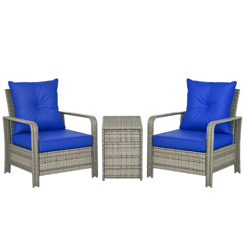 Outsunny 3 Pieces Rattan Bistro Set, Wicker Garden Furniture Set with Storage Coffee Table and Chairs, Thickened Cushions for Outdoor, Patio, Balcony, Blue
