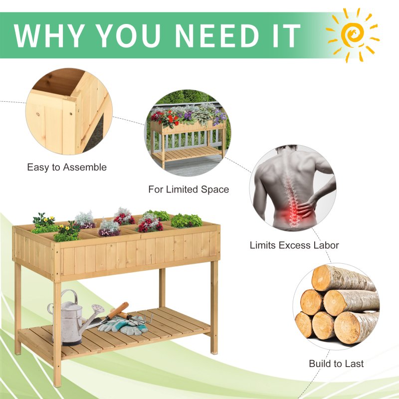 Outsunny Wooden Herb Planter with 8 Pocket, Raised Bed Container Garden Planter Boxes, 110L x 46W x 76Hcm, Natural