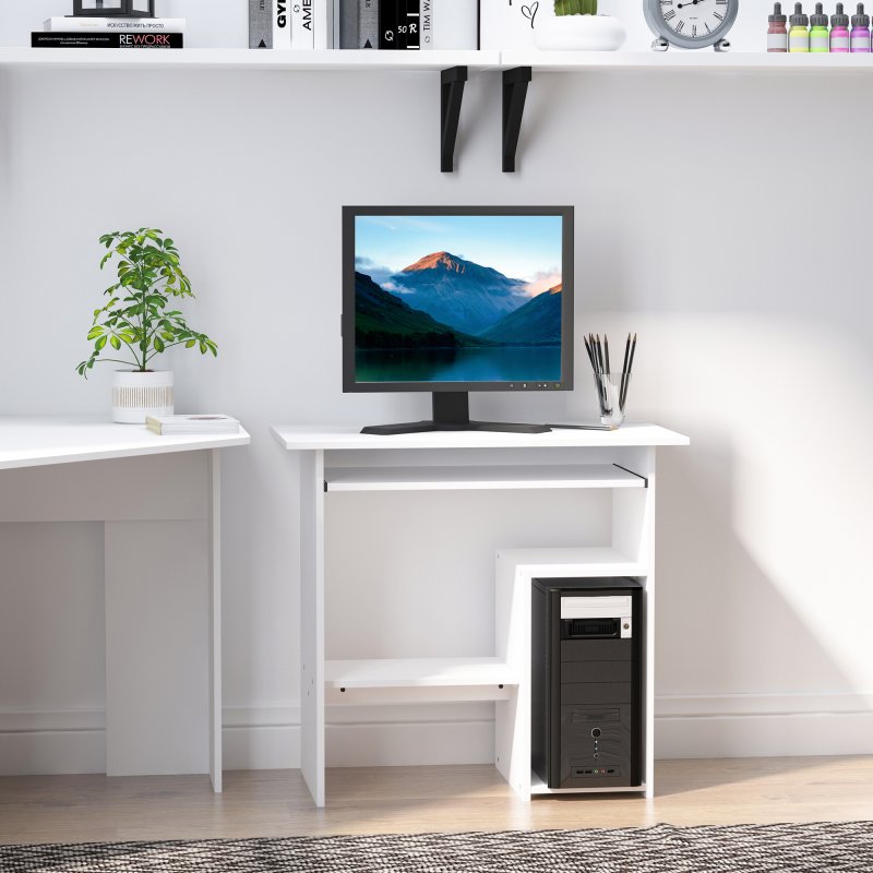 HOMCOM Compact Small Computer Table Wooden Desk Keyboard Tray Storage Shelf Modern Corner Table Home Office