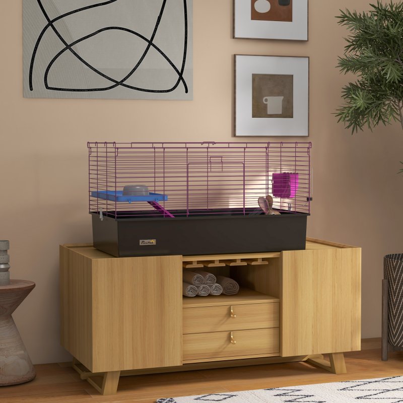 PawHut Guinea Pig Cage Chinchillas Rabbit Small Animal Cage with Ramp, Dish, Water Bottle, 99 x 52 x 53cm, Black