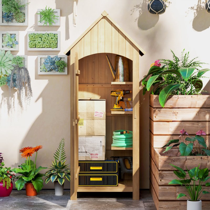 Outsunny Small Shed, Wooden Garden Storage Shed with 3 Shelves, Outdoor Tool Storage Cabinet with Tilt Roof and Lockable Door, 77.5 x 54.2 x 179.5 cm, Natural