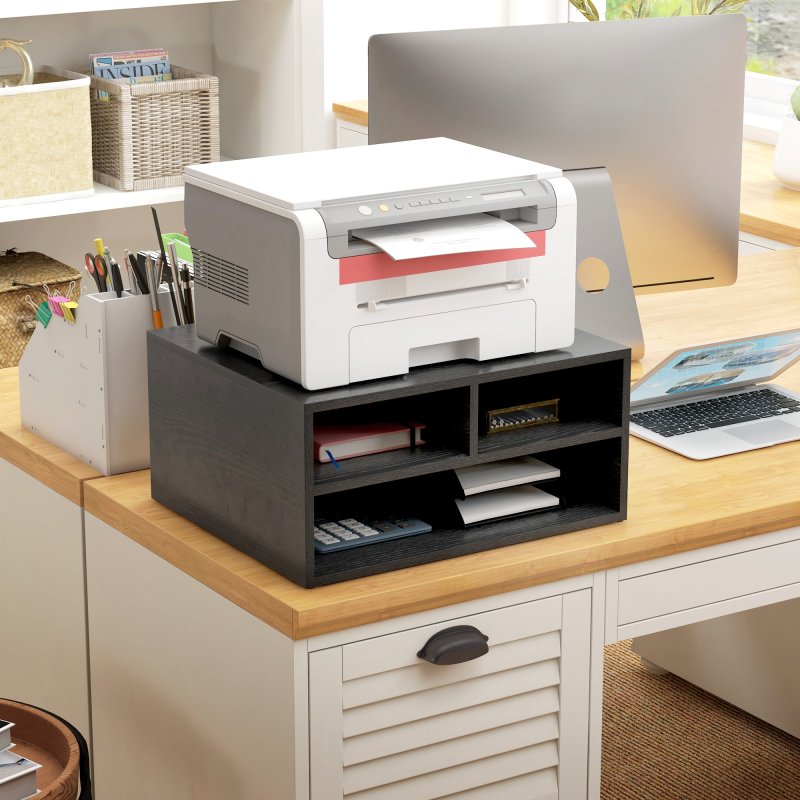 HOMCOM Desktop Printer Stand with Storage, 2-Tier Desk Organizer with 3 Open Compartments for Home Office, Black