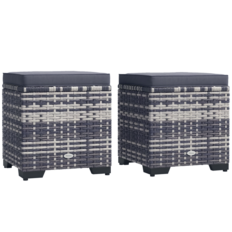 Outsunny Set of 2 Rattan Storage Ottoman, Outdoor Footstool with Removable Cushions, Garden Storage Seat for Balcony, Porch, Living Room, Dark Grey