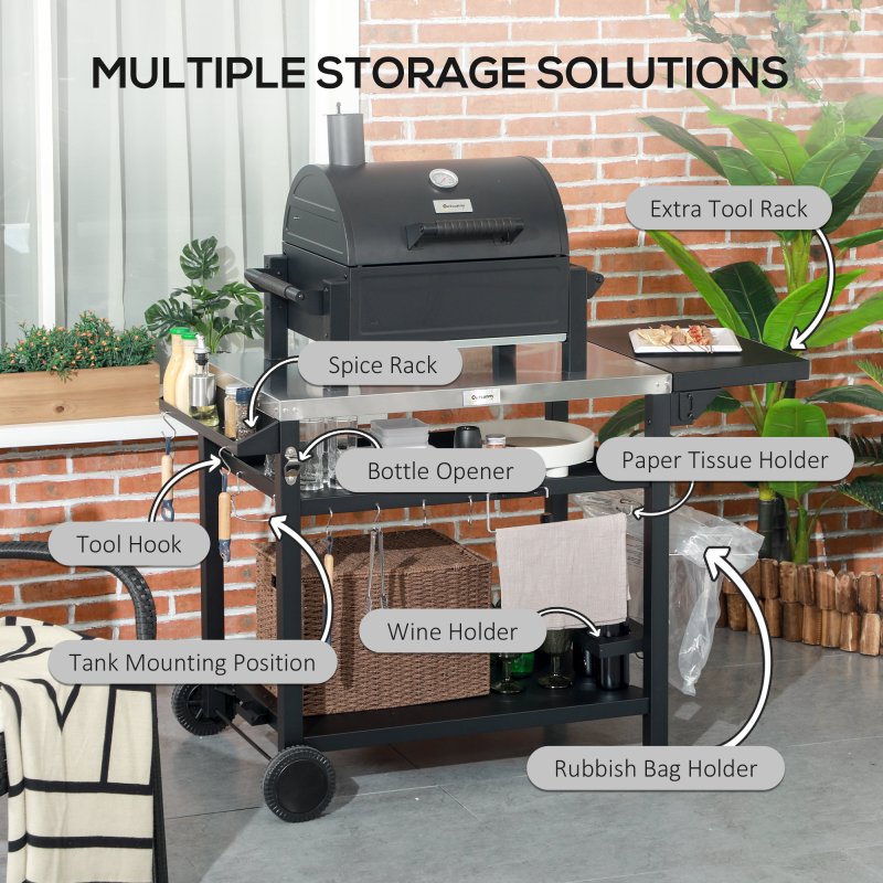 Outsunny Outdoor Grill Dining Cart with Foldable Side table, Stainless Steel Top, Portable BBQ Trolley with 2 Wheels, 6 Hooks, 3-Shelf Movable Food Prep Pizza Oven Table for Kitchen, Patio, Garden