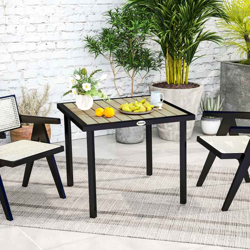 Outsunny Garden Table for 4 Person, Square 86 x 86 x 71cm Patio Outdoor Dining Table with 5.4cm Parasol Hole, Easy Clean Slatted Top, Metal Frame, for Balcony, Deck, Brown