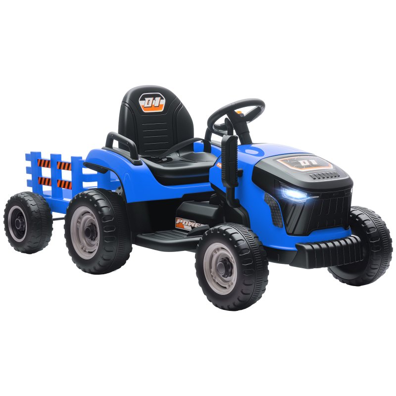 AIYAPLAY Ride on Tractor with Trailer, 12V Electric Vehicle with Remote Control, Ride on Car for Kids with Music, Shifter, Start-Up Sound for Ages 3-8 Years, Blue