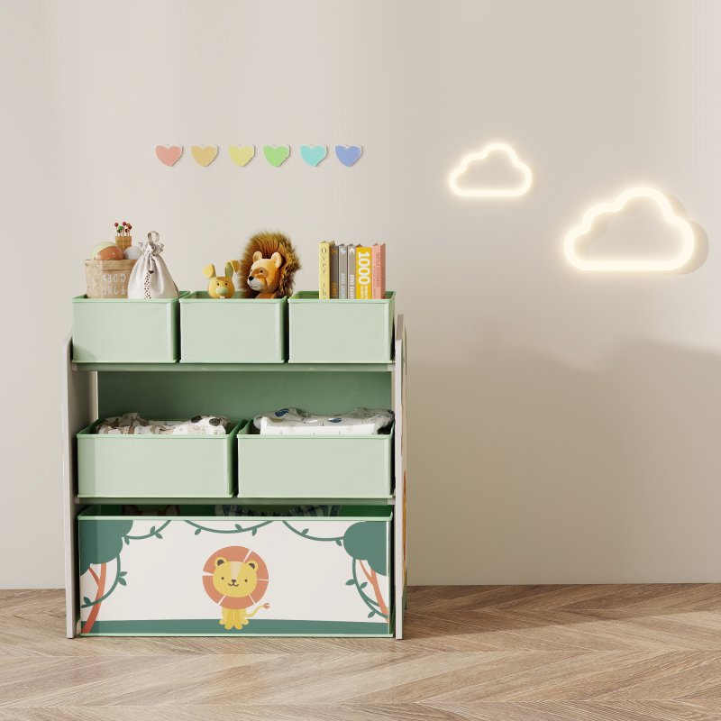 AIYAPLAY Kids Toy Storage Units, 3-Tier Toy Organiser Shelf with 6 Removable Fabric Boxes for Kids, Boys, Girls, Bedroom, Playroom, Nursery, Green
