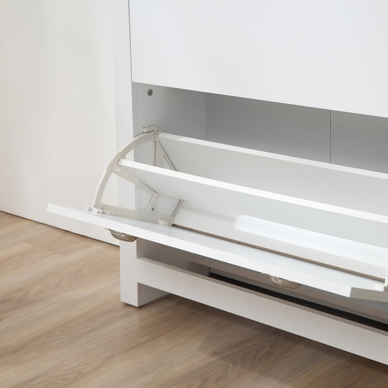 HOMCOM 2 Drawer Shoe Cabinet Modern Narrow Shoe Cupboard Hallway Wooden Storage Organiser with Flip Doors Adjustable Shelf for 12 Pairs, White