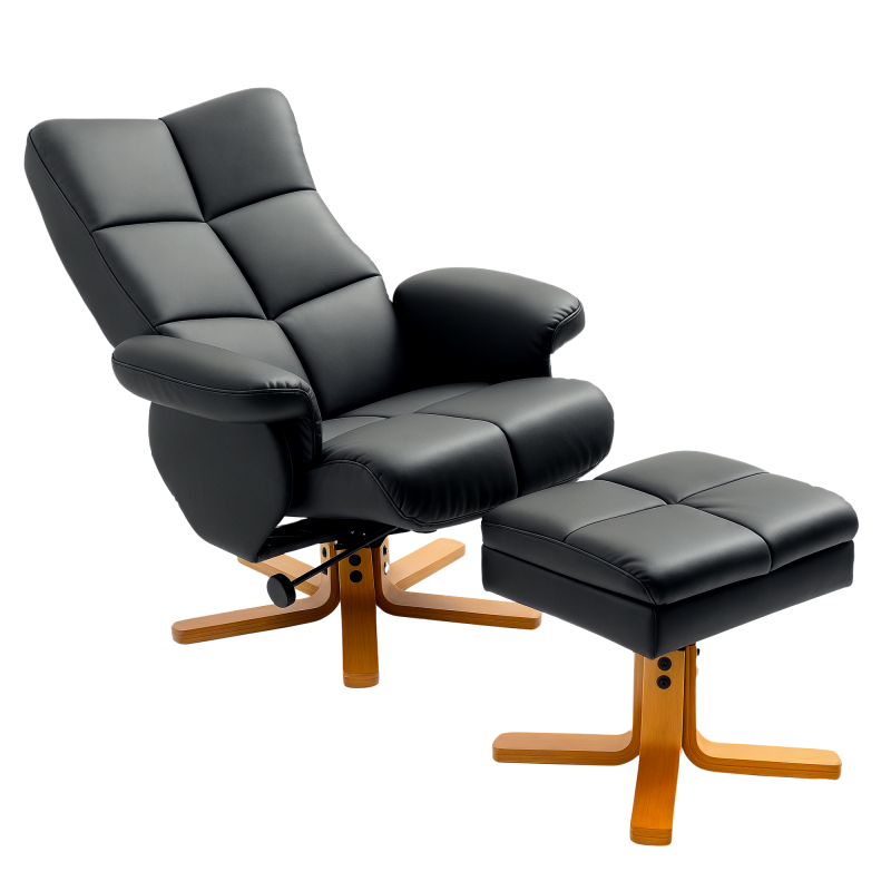 HOMCOM Recliner Armchair, Swivel Reclining Chair With Ottoman, Swivel Faux Leather Chair with Wooden Base and Storage Footstool for Living Room, Black
