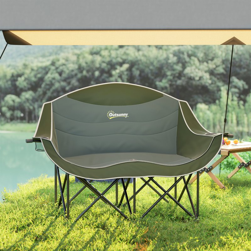 Outsunny Double Camping Chair for Adults, Oversized Heavy Duty Padded Folding Chair with Armrests, Cup Holders and Carry Bag for Outdoor Camping Hiking Picnic Fishing, 250kg Capacity, Green