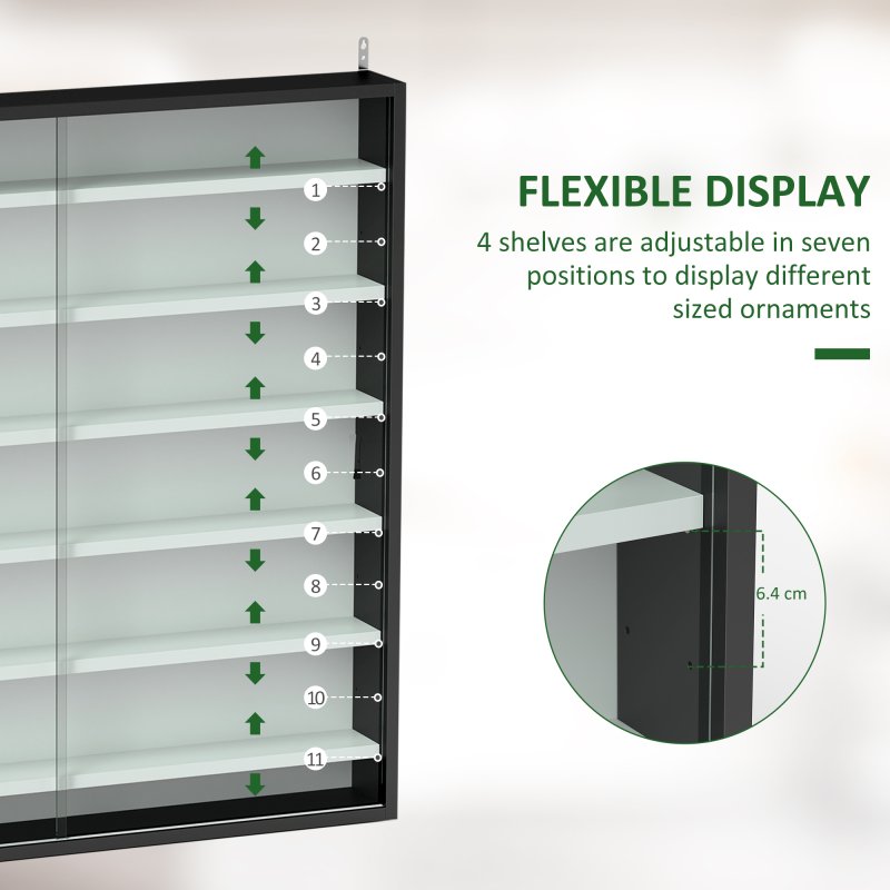 HOMCOM 7-Tier Wall Mounted Display Cabinet, Display Case with 6 Adjustable Shelves, Glass Doors for Home Office Ornaments 83x80cm, Black and White