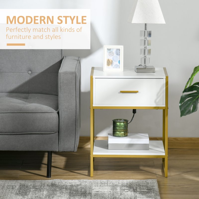 HOMCOM Bedside Table with Storage Drawer and Open Shelf, Modern Nightstand, Side Table with Metal Frame for Bedroom, Living Room, White