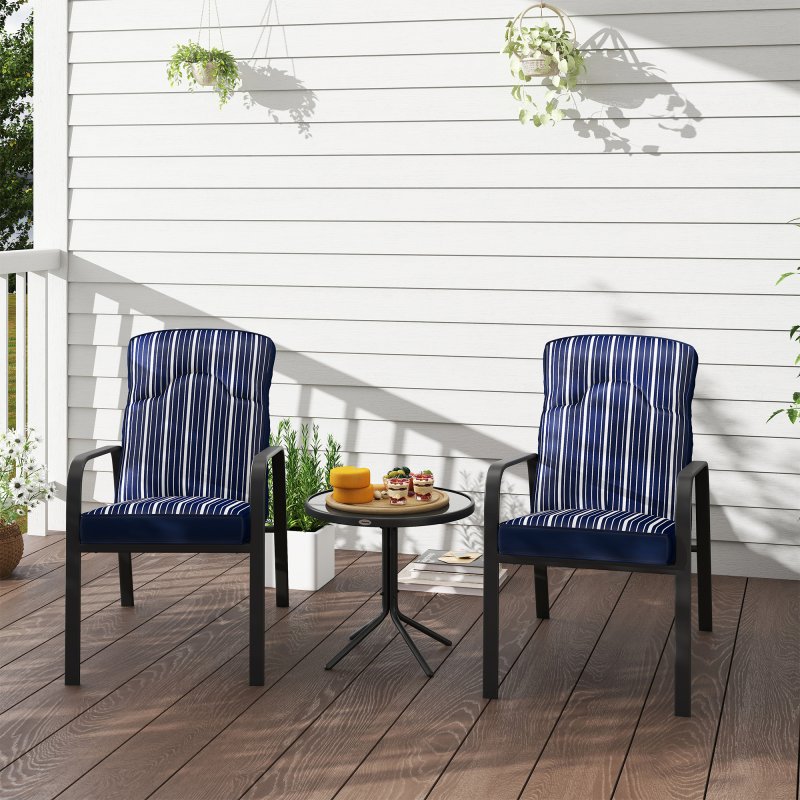 Outsunny 3-Piece Patio Bistro Set, 5-Position Adjustable Recliner Garden Chairs and Tempered Glass Table, Garden Furniture Set with Cushions, High Back, Armrests, Metal Frame for Balcony Patio, Blue