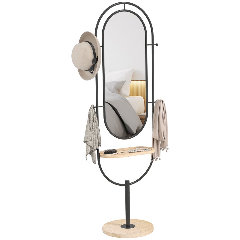 HOMCOM Full Length Mirror, Oval Free Standing Mirror with Wooden Tray, 4 Hooks and Metal Frame for Living Room, Bedroom, Cloakroom, Black