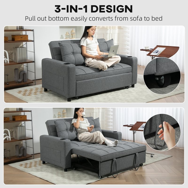 HOMCOM 2 Seater Sofa Bed, Convertible Pull Out Sofa Bed with Adjustable Backrest, Cup Holders and Pillows, Click Clack Settee for Living Room, Bedroom, Guest Room