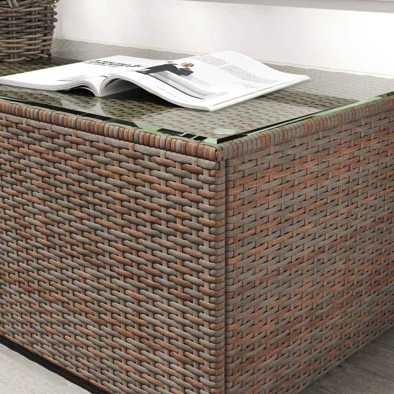 Outsunny Outdoor Coffee Table, PE Rattan Side Table with Tempered Glass Top, Wicker Rectangular Garden Coffee Table End Table with Steel Frame for Patio, Balcony, 90 x 50 x 38cm, Brown