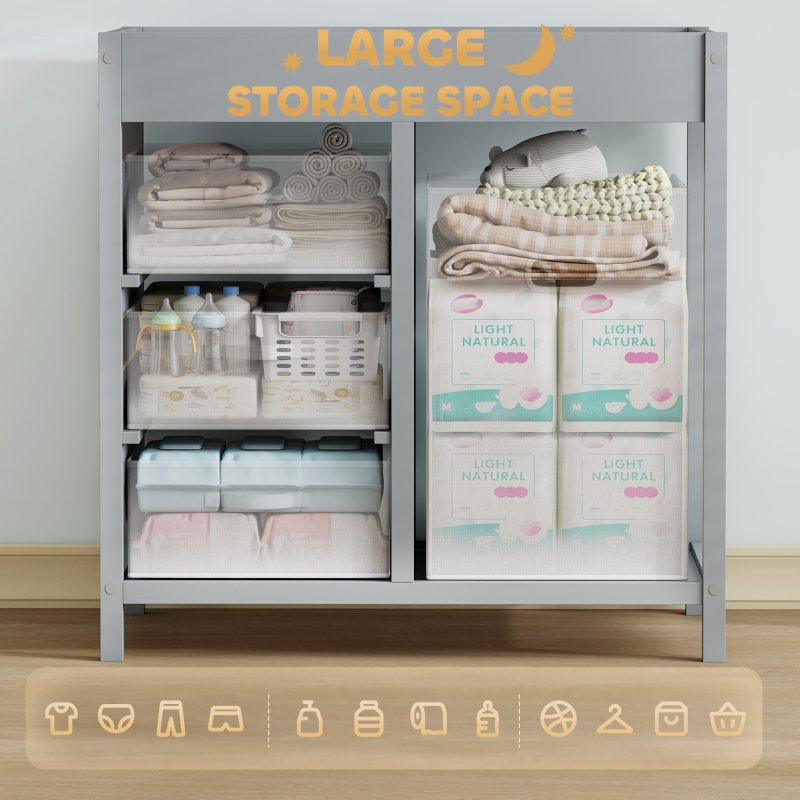 AIYAPLAY Baby Changing Table with 4 Drawers, Nursery Diaper Baby Changing Unit for 0-12 Months (max. 11kg), with Mat, Infant Care Station for Bedroom Nursery, Grey