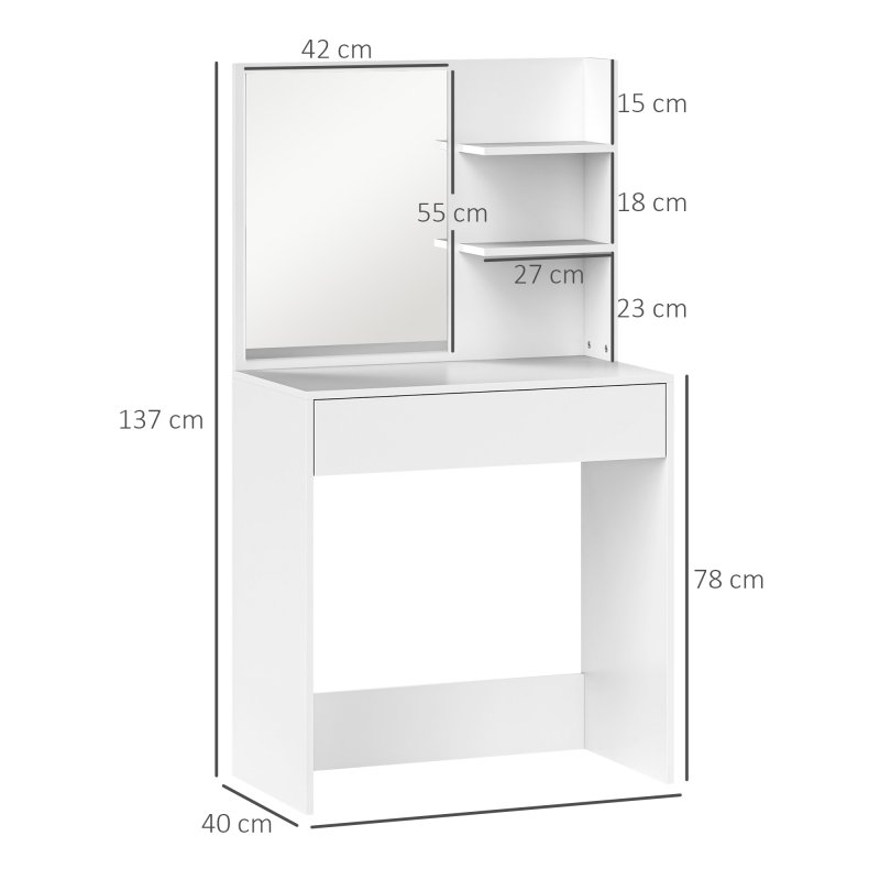 HOMCOM Dressing Table with Mirror, Modern Vanity Desk with Drawer and 3 Open Shelves, Makeup Desk for Bedroom, White