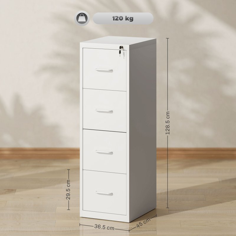 HOMCOM 4 Drawer Filing Cabinet, Vertical File Cabinet with Adjustable Hanging Bar for A4 and Letter Size, Steel Printer Stand for Home Office, White