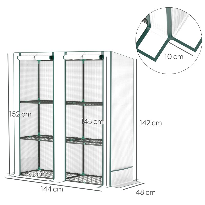 Outsunny 3 Tier Lean-to Mini Greenhouse with Reinforced PE Cover, Portable Small Greenhouse with Roll-Up Door, Green Hemmed Edging, 144 x 48 x 152cm, White