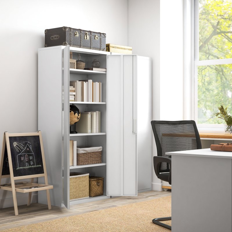 HOMCOM 5-Tier Metal Office Storage Cupboard, Lockable File Cabinet with 2 Doors and 4 Adjustable Shelves, for Home Office, Garage, White