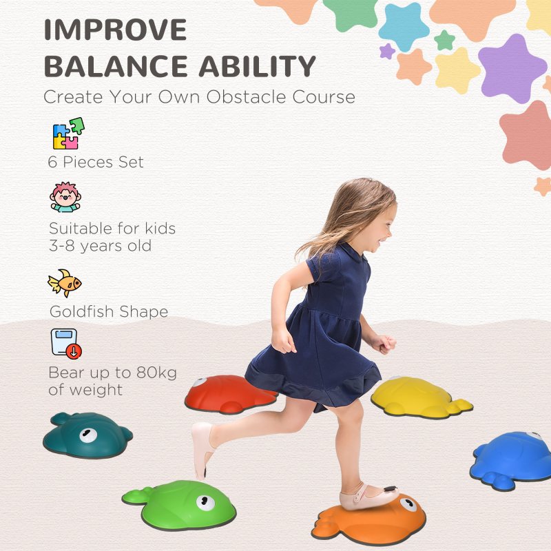 AIYAPLAY Stepping Stones Kids, 6 Pcs Goldfish Shaped Balance Stepping Stones for Sensory with Non-slip Edge, Outdoor Indoor Obstacle Course Stackable Balance Blocks, River Stones